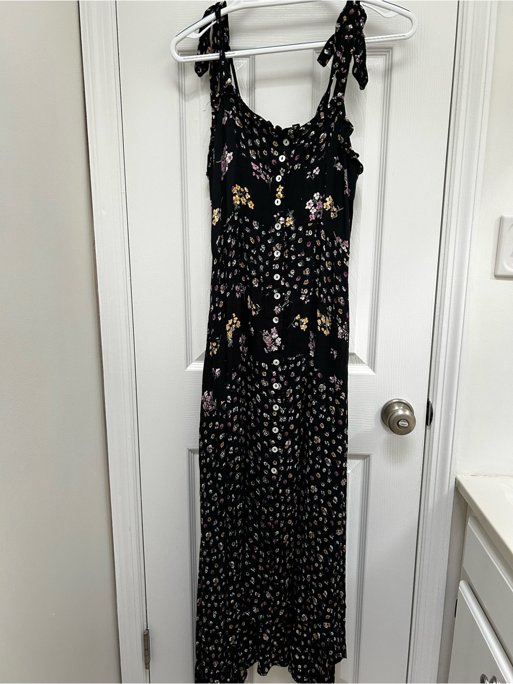 Angie Black Floral Tie-Shoulder Button-Front Maxi Dress